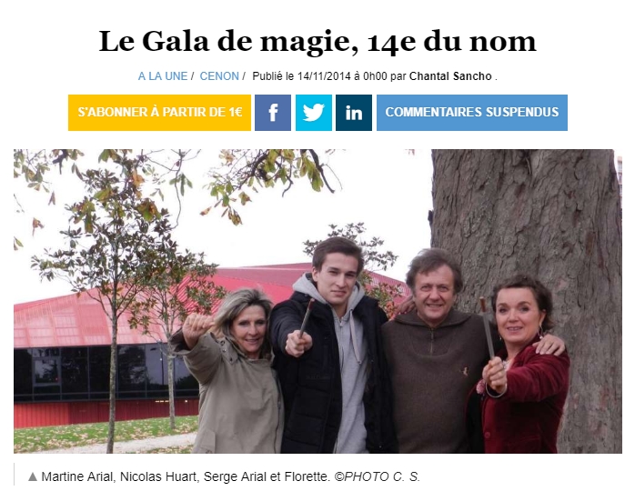 SUD OUEST. Rubrique « A LA UNE ». Le Gala de magie, 14e du nom. 14/11/2014